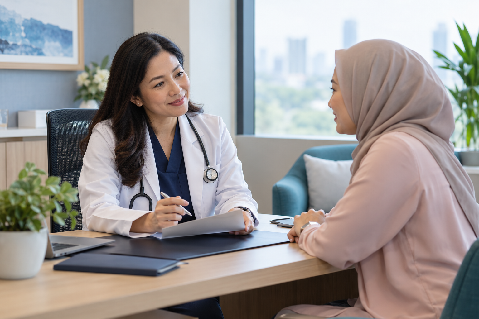 Illustrative scene of a clinician listening to a woman during a consultation.