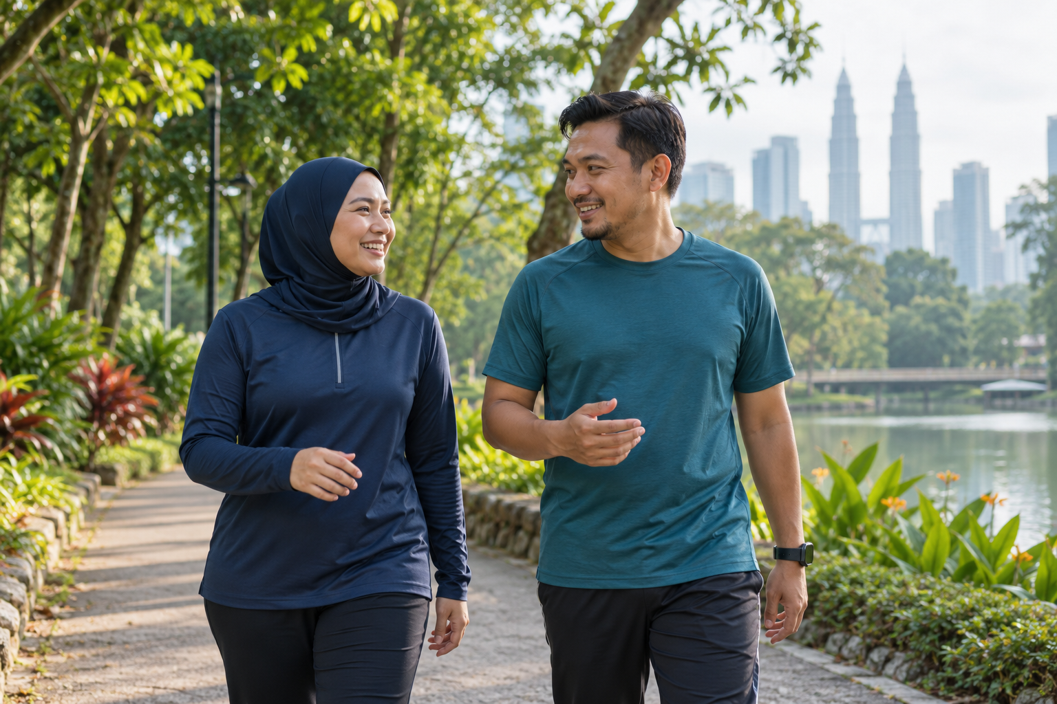 Illustrative scene of two adults enjoying a morning walk in a leafy Malaysian park.