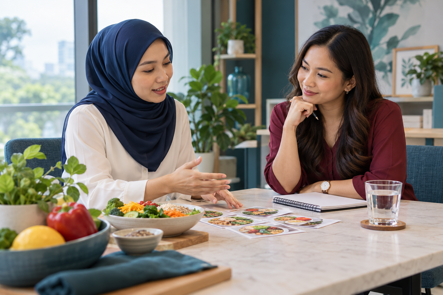 Illustrative scene of two women discussing everyday food choices.